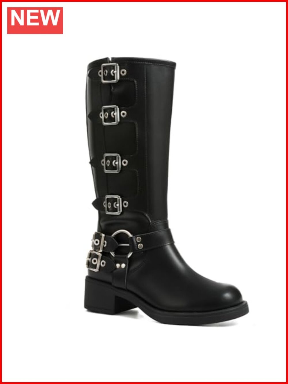 Knee High Boots Women Moto Biker Buckle Tall Boots